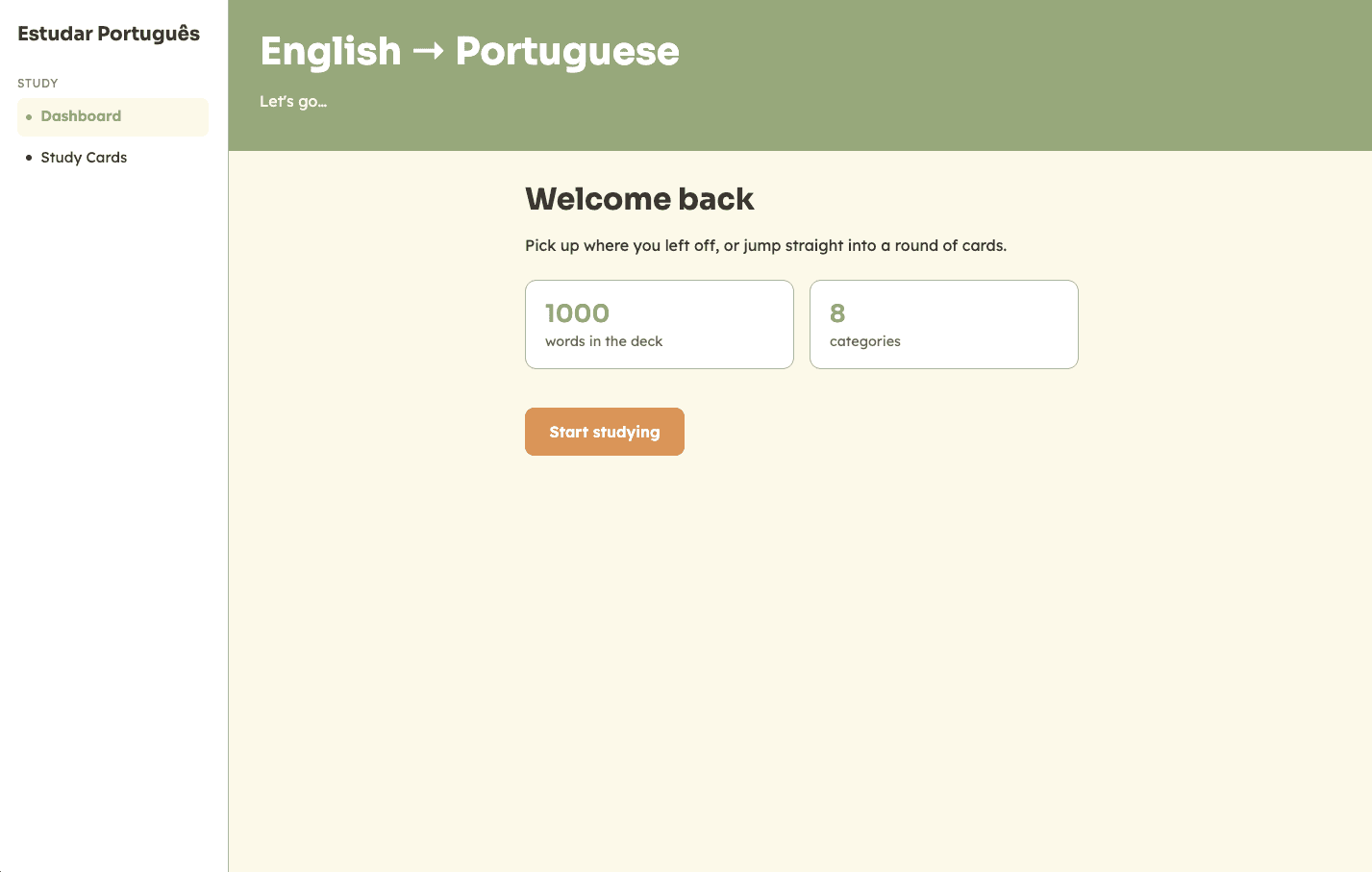 Flashcard app screen showing a Portuguese vocabulary card with English translation